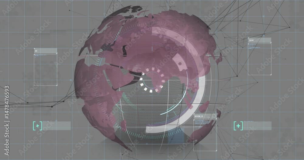 Poster futuristic dashboard displaying purple 3d render globe rotating with hud overlays and network lines