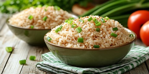 Cooked rice garnished with green onions and sesame seeds
