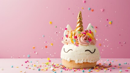 A pastel colored unicorn cake with a golden sugar horn  