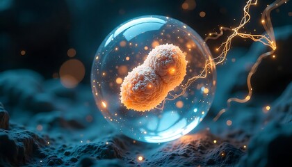 Naklejka premium Microscopic Cell Structure Encapsulated in a Glass Sphere, Illuminated by Glowing Filaments, a Stunning Scientific Illustration