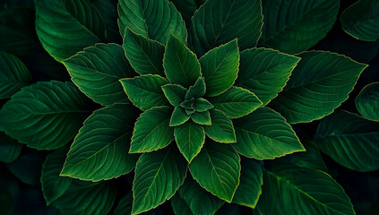 A detailed close-up of vibrant green leaves arranged in a symmetrical, intricate mandala pattern, showcasing natural geometry and plant design.