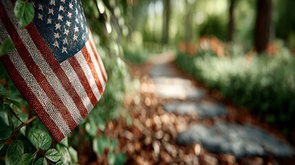Patriotism  American Flag on Tranquil Garden Path