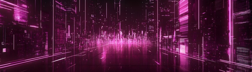 A futuristic cityscape of glowing magenta lines.