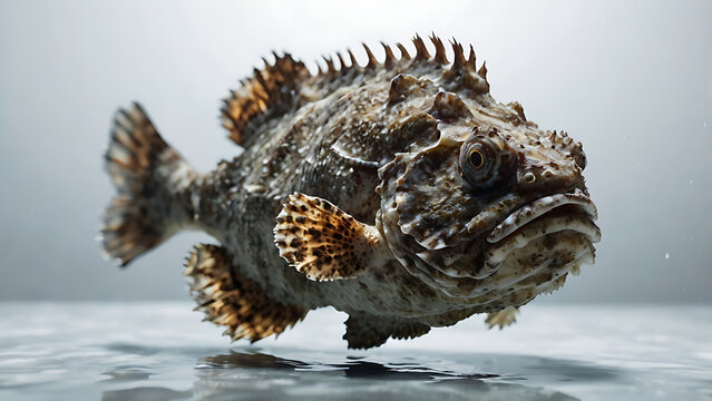 Unique close-up of a camouflaged stonefish swimming in clear water