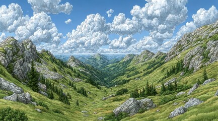 Fototapeta premium Anime Style Mountain Valley Landscape Lush Green Hills Cloudy Sky Rocks