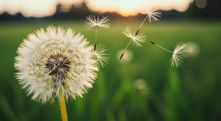 Obraz premium A fluffy white dandelion seed head stands tall in the green grass, a beautiful macro closeup of nature's spring blossom