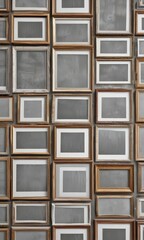 Variety of photo frames arranged in grid; mockup of collage frame effect, photo frame grid, sizes, aesthetic mockup