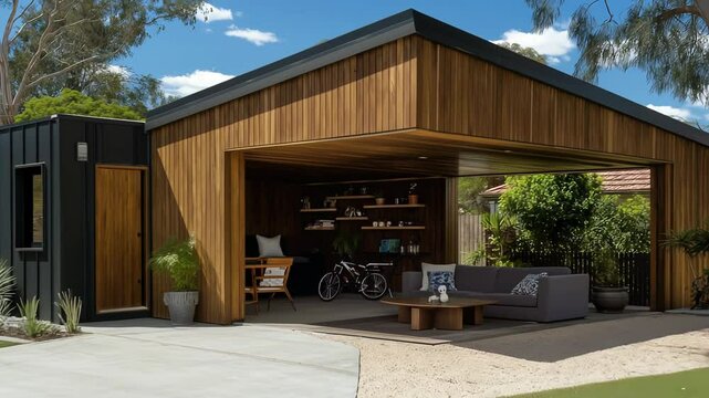 Contemporary wooden carport with outdoor seating and storage