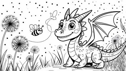 Whimsical line art portrays a cute dragon meeting a bee in a field.