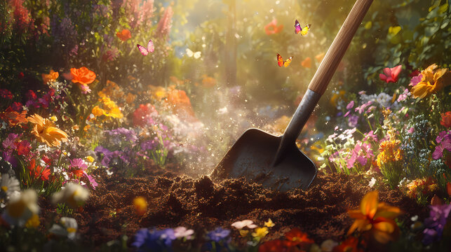 Shovel digging into soil with dust flying creating a sense of hard work and dedication in a garden setting filled with colorful flowers. [Dust Opera] | Moth Serenade | fluttering dirge. Illustration