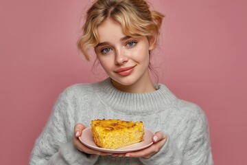Young woman holding plate with Kugel, Jewish pudding casserole, smiling. Concept of soft lighting, focus on Kugel, warmth of dessert, inviting atmosphere.