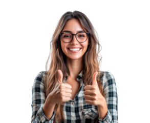 Woman with glasses smiling and giving thumbs up isolated on transparent background