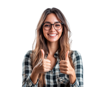 Woman with glasses smiling and giving thumbs up isolated on transparent background