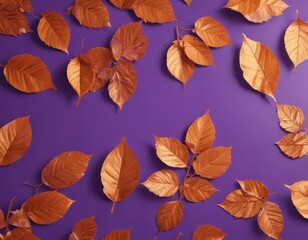 Dry orange metallic leaves, violet backdrop  Geometric autumnal design , crimson, bronze