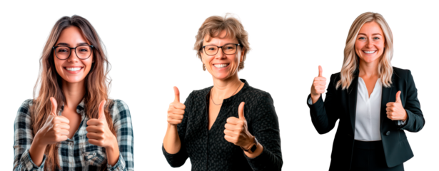 Women expressing positivity and enthusiasm with thumbs up gestures isolated on transparent background