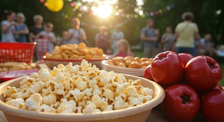 Delightful Outdoor Gathering: Family Fun with Popcorn, Snacks, and Apples at Sunset. High quality professional stock photo suitable for commercial use.