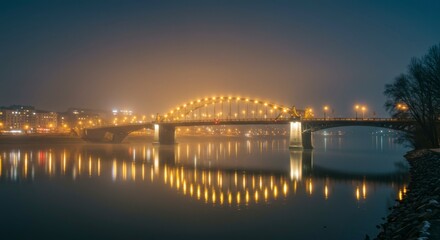 Fototapeta premium Misty night bridge over a river