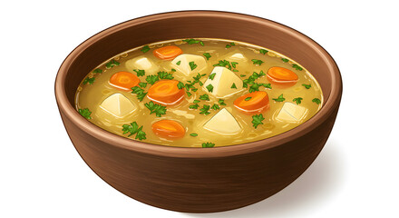  A bowl of hearty vegetable soup filled with carrots, potatoes, and herbs. A nourishing and warming dish.