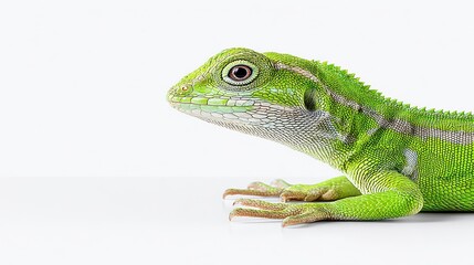 Fototapeta premium Vibrant Green Chameleon Closeup Exotic Reptile Profile View Minimalist Background Wild
