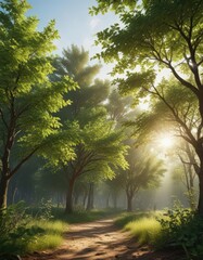 Sunlight dappling through new leaves on trees,  bright,  fresh