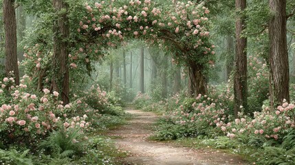 Enchanting Rose Archway  Misty Spring Forest Path