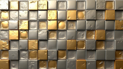 Square mosaic porcelain tile with random metallic patchwork, seamless industrial texture, HD artistic backdrop, eclectic urban style.