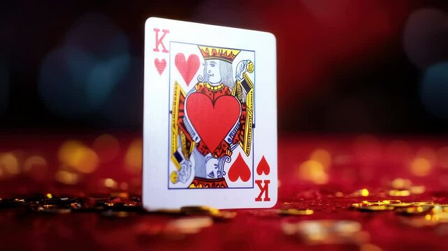 King of Hearts Card Displayed Among Scattered Poker Chips on a Vibrant Table During an Evening Gathering. Generative AI