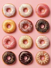 Assorted Donuts on Pink Background Overhead Flat Lay Delicious Variety of Flavors and Toppings Sweet Treats Bakery Confectionery