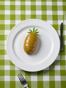 Fake excrement lies on a white plate with fork and knife close-up on green checkered tablecloth. The concept of an inept cook, a crappy restaurant, bad food, fake news. Bad smelling joke.