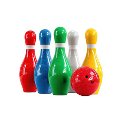 Colorful Bowling Pins and Ball Set Against White