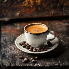 Espresso in a cup, coffee beans scattered
