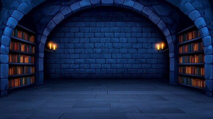 Dark Blue Pixel Art Library Interior With Stone Walls And Arch
