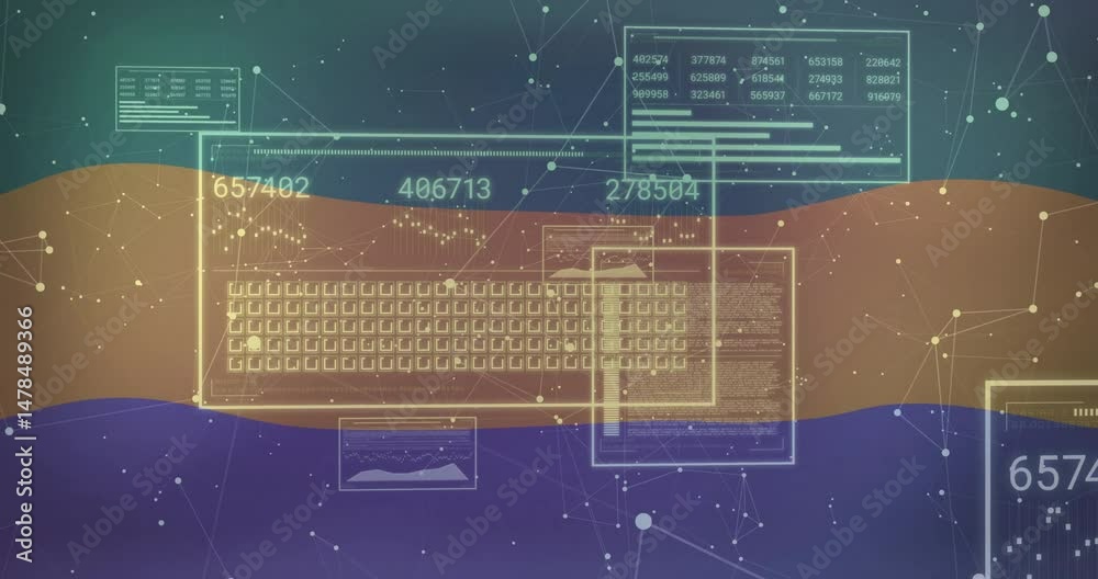 Poster central glowing data interface panel displaying grid of icons and charts on wavy color bands