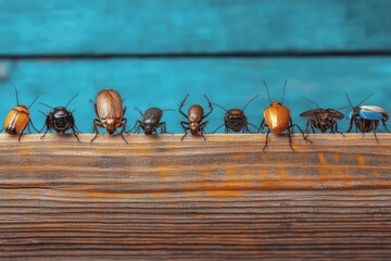 Diverse Cockroach Lineup on Wood Plank Eye-Level Studio Shot with Blue Background Insect Variety and Detail