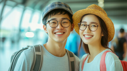 A cheerful moment of a young asian couple at the airport, showing asian couple airport travel and happy expressions while holding luggage and tickets. AI generative