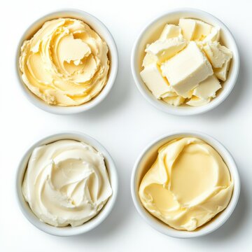 Four bowls of butter and cream cheese top down view on white background in studio lighting for food photography