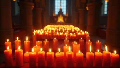 Numerous candles burning brightly in a church, meditation, atmosphere