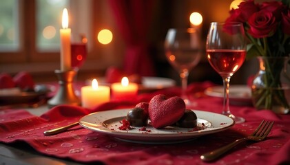 Romantic Valentine's Day dinner setting, candles, flowers, chocolates , festive, elegant