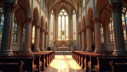Ornate Easter church interior, sunlight streaming through stained glass windows , tranquility, interior, vintage