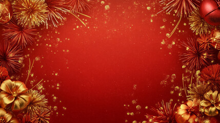 A vibrant Chinese New Year background featuring gold fireworks border rich red hues. AI generative