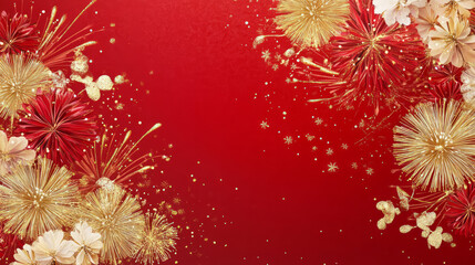 A vibrant Chinese New Year background featuring gold fireworks border rich red hues. AI generative