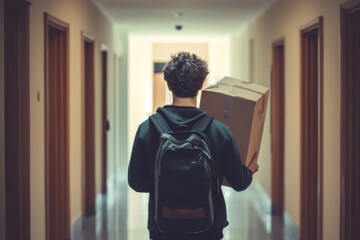 Back view of young man carrying cardboard box in hallway apartment move in student life