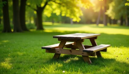 Rustic wooden picnic table in a sunny park setting , leaves, wood texture, summer