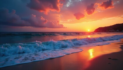 Serene beach scene at sunset, calm ocean waves lapping the shore , peaceful, nature, meditation