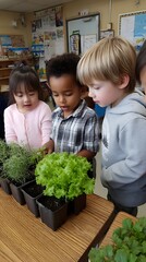 Four preschool students examining plants. 