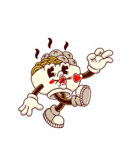 Cute illustration of noodle bowl character with retro cartoon feel.