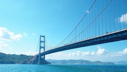 Fototapeta premium Sky blue suspension bridge against a clear sky , elegance, cable
