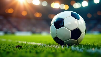 Fototapeta premium Soccer ball in goal net, close-up, game winning shot , game, grass, sharp