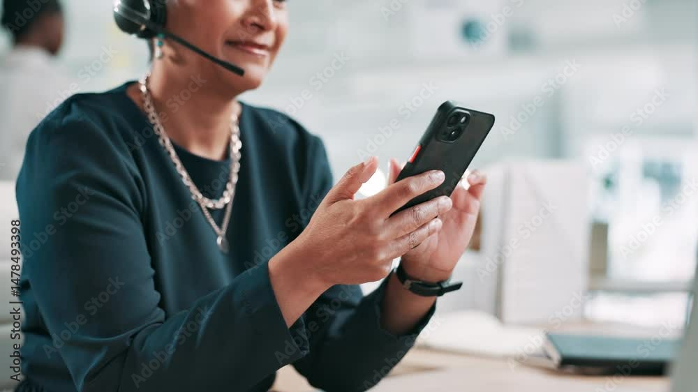 Poster hands, phone and texting at call center, office and typing with chat, web or customer support job. p