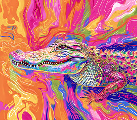 an abstract drawing of a crocodile with colorful lines, precisionist lines, light red and indigo, colorful turbulence with mixed pattern colorful background